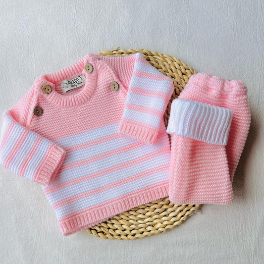 Conjunto tejido - Rosa bebé a rayas
