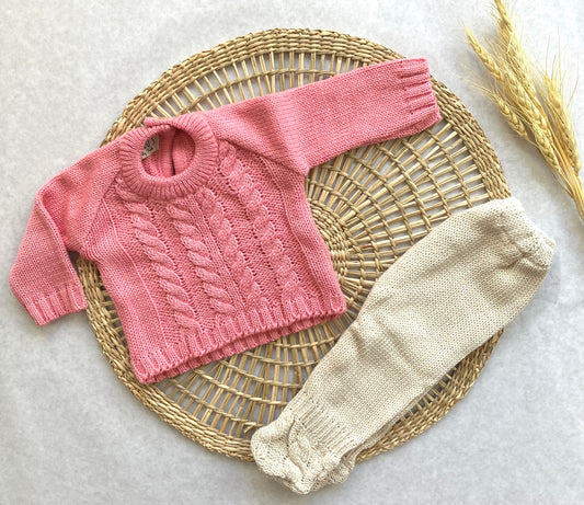 Conjunto tejido - Rosa fuerte y beige