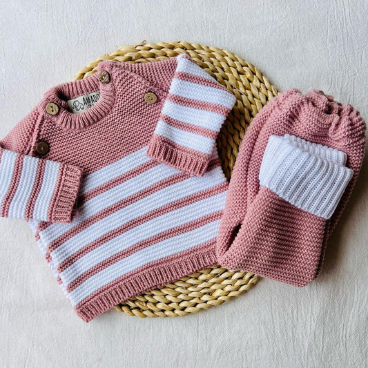 Conjunto tejido - Rosa viejo a rayas