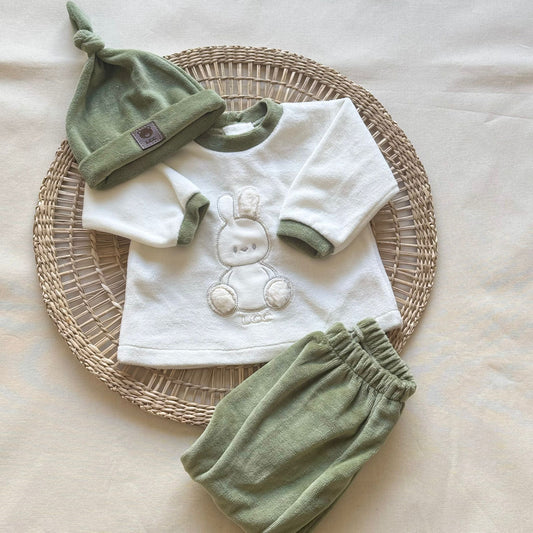 Conjunto plush - Verde y crudo conejito